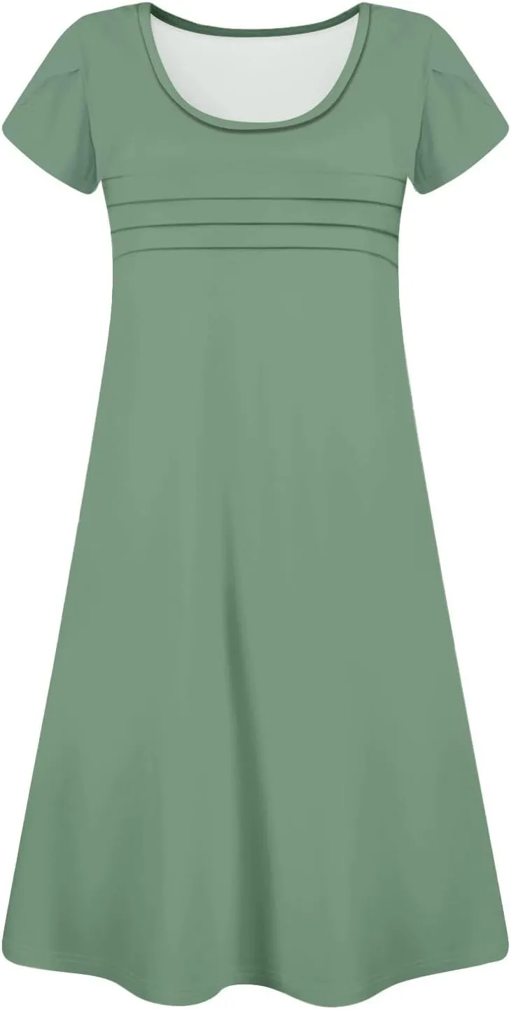 Summer Dresses for Women 2025 Petal Sleeve T Shirt Dress Pleated Solid Color Mini Sundress Clothes with Pockets