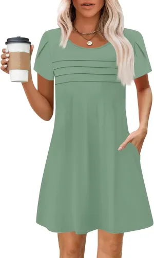 Summer Dresses for Women 2025 Petal Sleeve T Shirt Dress Pleated Solid Color Mini Sundress Clothes with Pockets