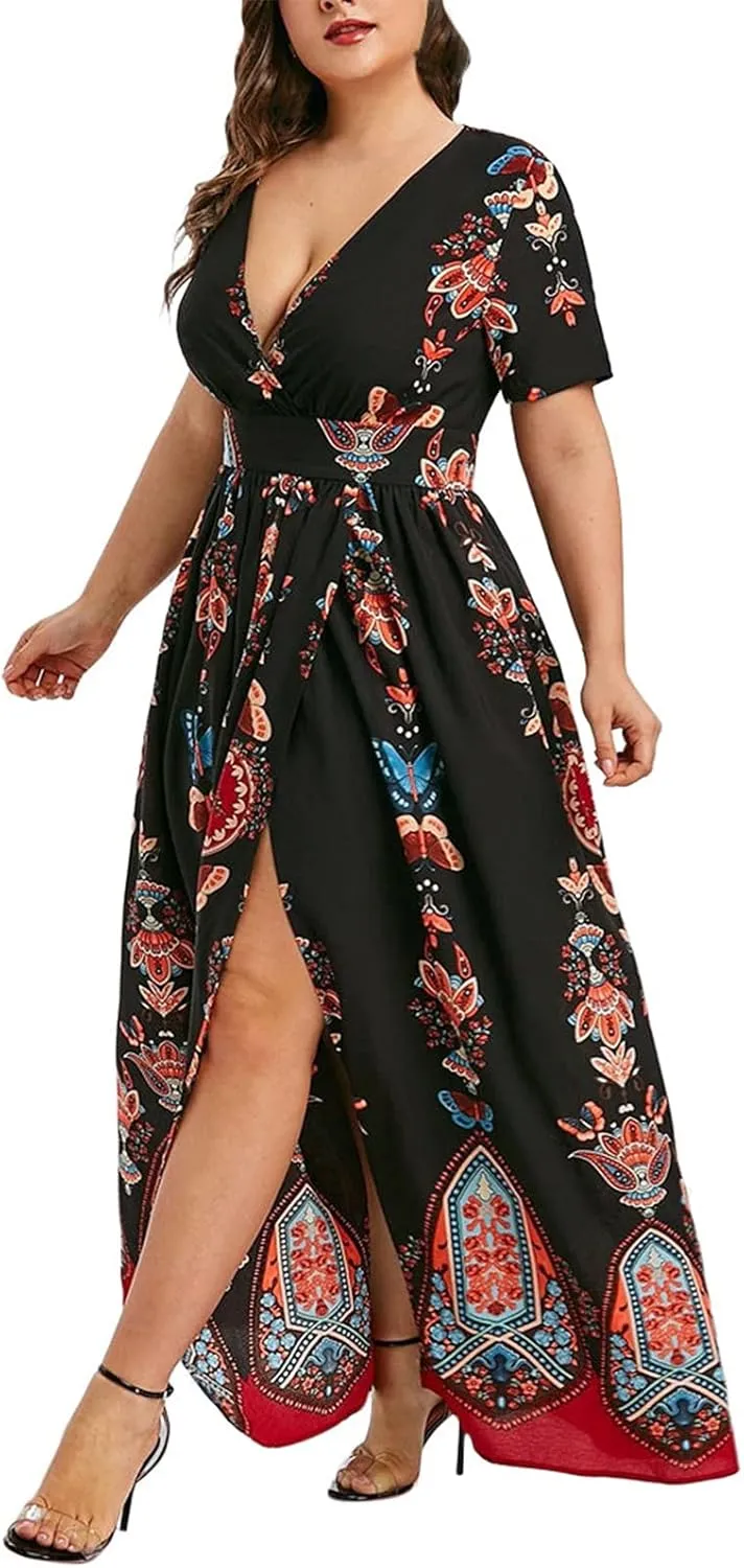 Summer Dresses for Women 2025 Plus Size Wedding Guest Dress Casual Print Boho High Low V-Neck Maxi Beach Dress