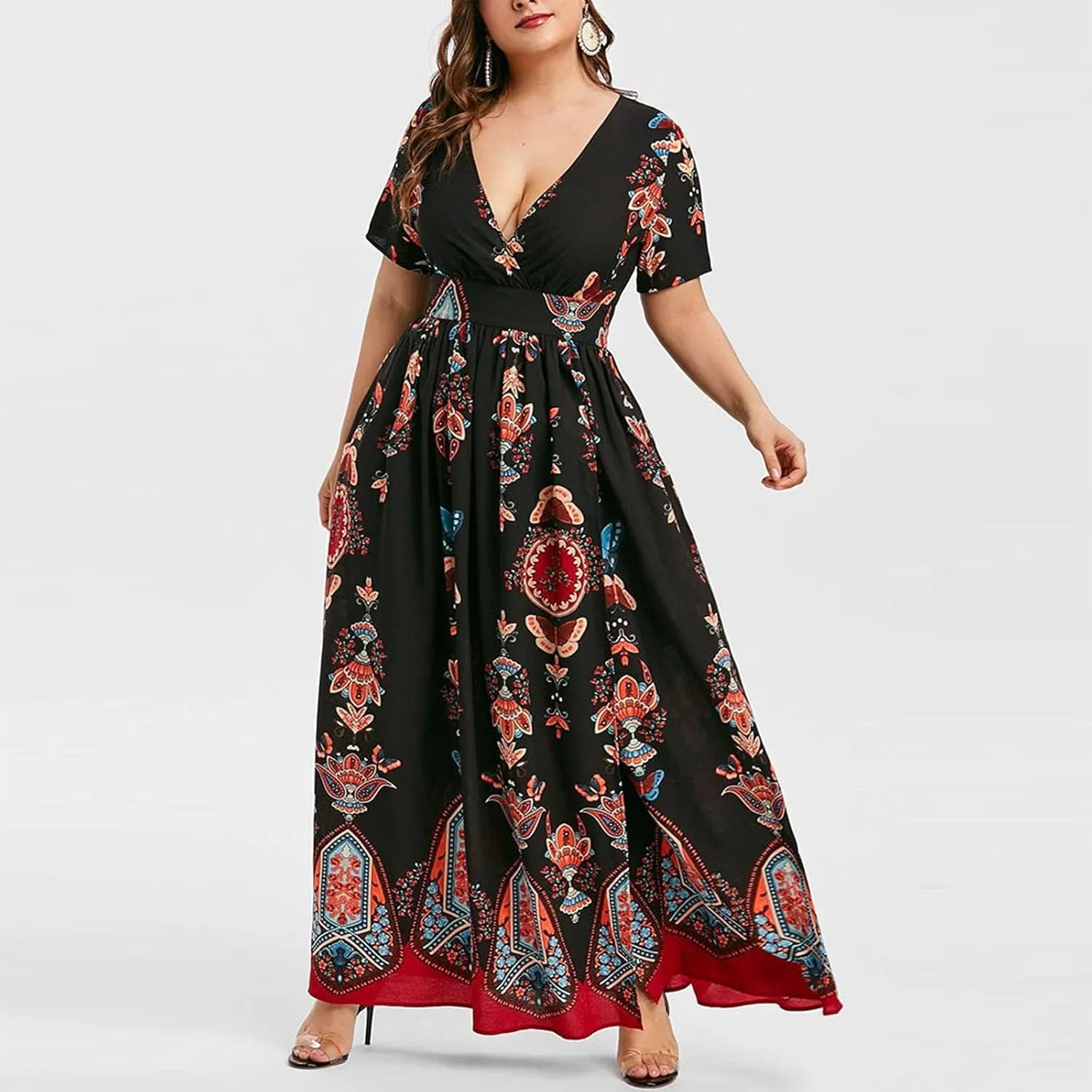 Summer Dresses for Women 2025 Plus Size Wedding Guest Dress Casual Print Boho High Low V-Neck Maxi Beach Dress