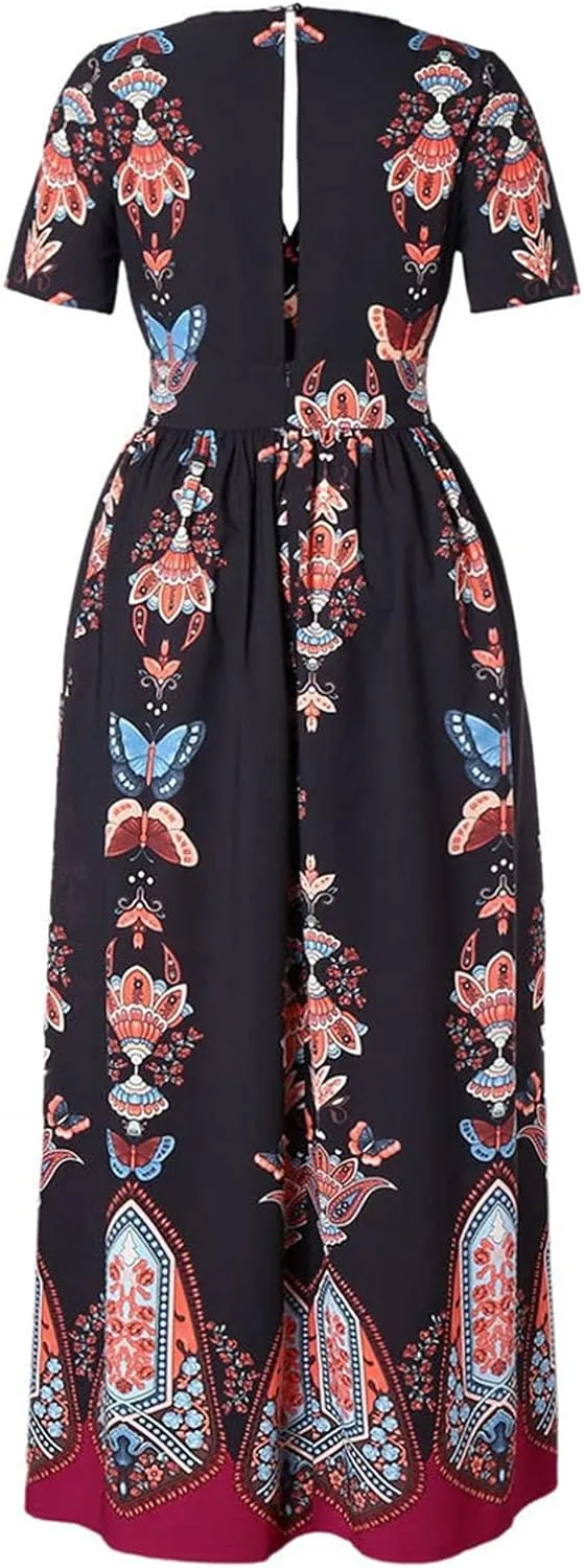 Summer Dresses for Women 2025 Plus Size Wedding Guest Dress Casual Print Boho High Low V-Neck Maxi Beach Dress