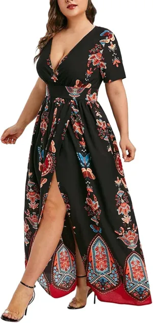 Summer Dresses for Women 2025 Plus Size Wedding Guest Dress Casual Print Boho High Low V-Neck Maxi Beach Dress