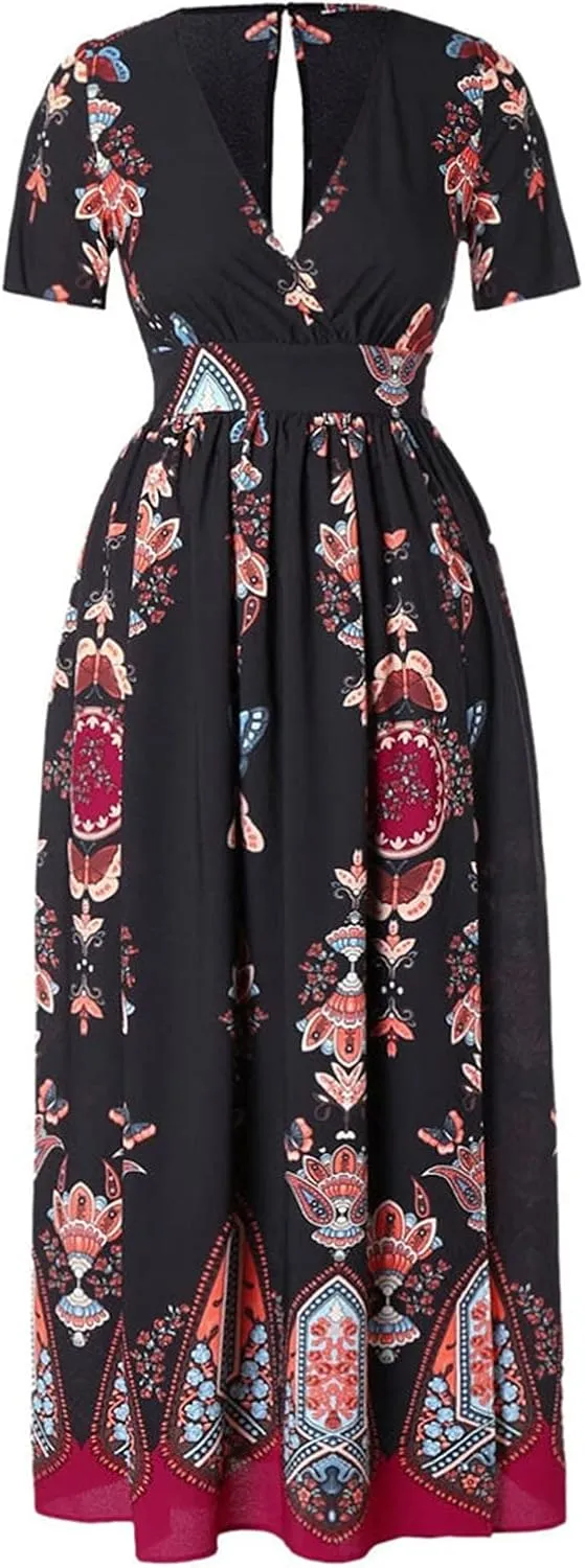 Summer Dresses for Women 2025 Plus Size Wedding Guest Dress Casual Print Boho High Low V-Neck Maxi Beach Dress