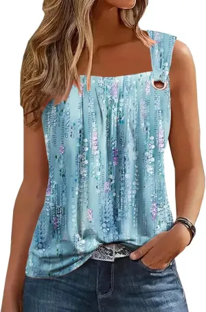 Summer Tank Tops for Women Pleated Square Neck O Ring Shoulder Sleeveless Shirts Casual Loose Fit Trendy Blouses