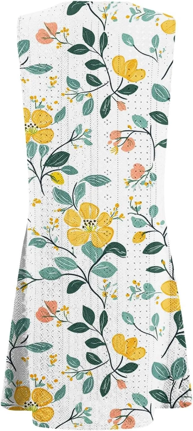 Sundresses for Women 2025 Summer Beach Cover Up Eyelet Dress Vacation Hawaiian Sleeveless Floral Tank Dresses