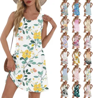 Sundresses for Women 2025 Summer Beach Cover Up Eyelet Dress Vacation Hawaiian Sleeveless Floral Tank Dresses