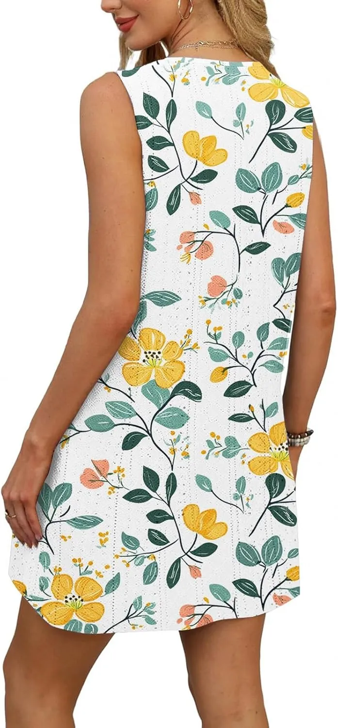 Sundresses for Women 2025 Summer Beach Cover Up Eyelet Dress Vacation Hawaiian Sleeveless Floral Tank Dresses