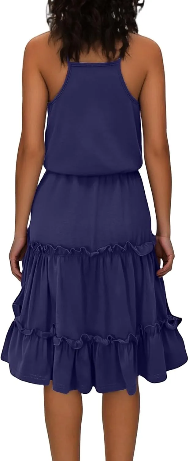 Sundresses for Women 2025 Summer V-Neck Spaghetti Strap Waist Tie Mini Dresses Tiered Ruffle Flowy Cute Skater Dress