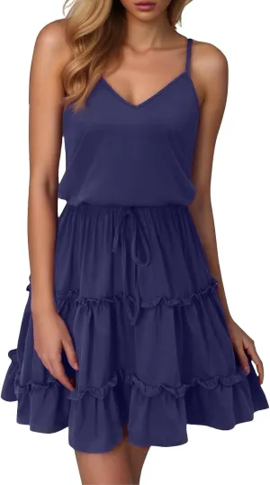 Sundresses for Women 2025 Summer V-Neck Spaghetti Strap Waist Tie Mini Dresses Tiered Ruffle Flowy Cute Skater Dress