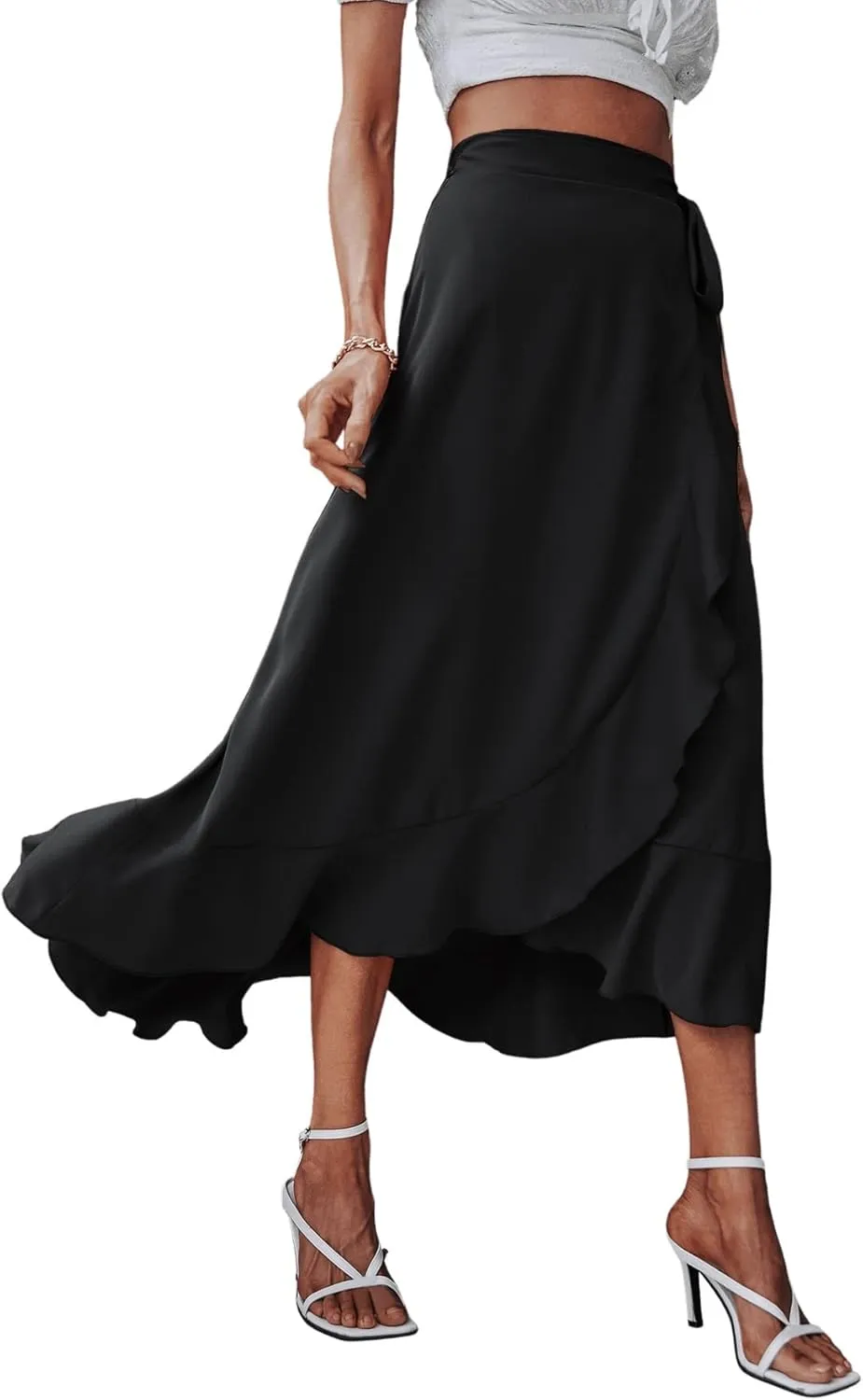 SweatyRocks Women's Elegant Slit Wrap Asymmetrical High Waist Long Skirt A-line Casual Loose Draped Flowy Skirts