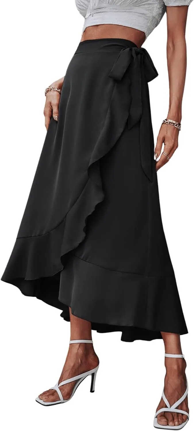 SweatyRocks Women's Elegant Slit Wrap Asymmetrical High Waist Long Skirt A-line Casual Loose Draped Flowy Skirts