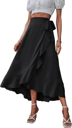 SweatyRocks Women's Elegant Slit Wrap Asymmetrical High Waist Long Skirt A-line Casual Loose Draped Flowy Skirts