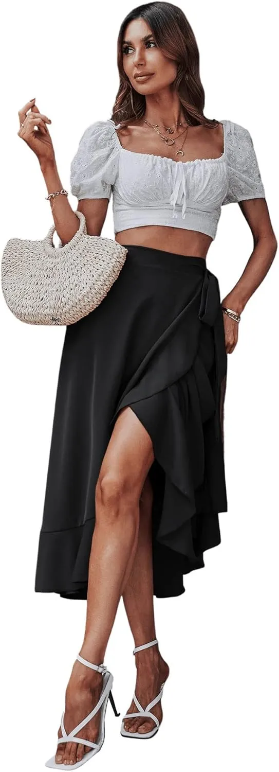 SweatyRocks Women's Elegant Slit Wrap Asymmetrical High Waist Long Skirt A-line Casual Loose Draped Flowy Skirts