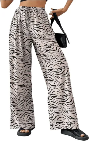 SweatyRocks Women's Zebra Print Casual Wide Leg Pant High Waist Palazzo Lounge Pants