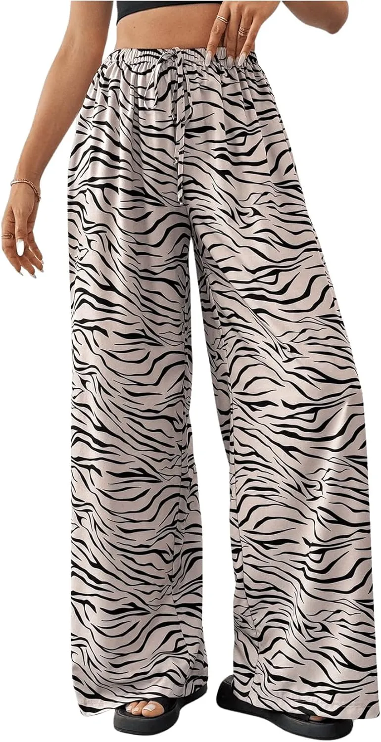 SweatyRocks Women's Zebra Print Casual Wide Leg Pant High Waist Palazzo Lounge Pants