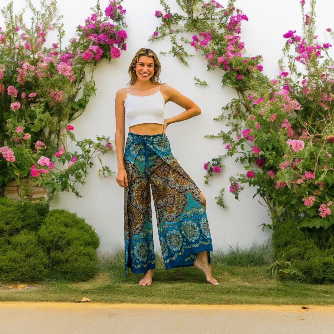 Teal Lotus Floral Mandala Palazzo Wrap Pants