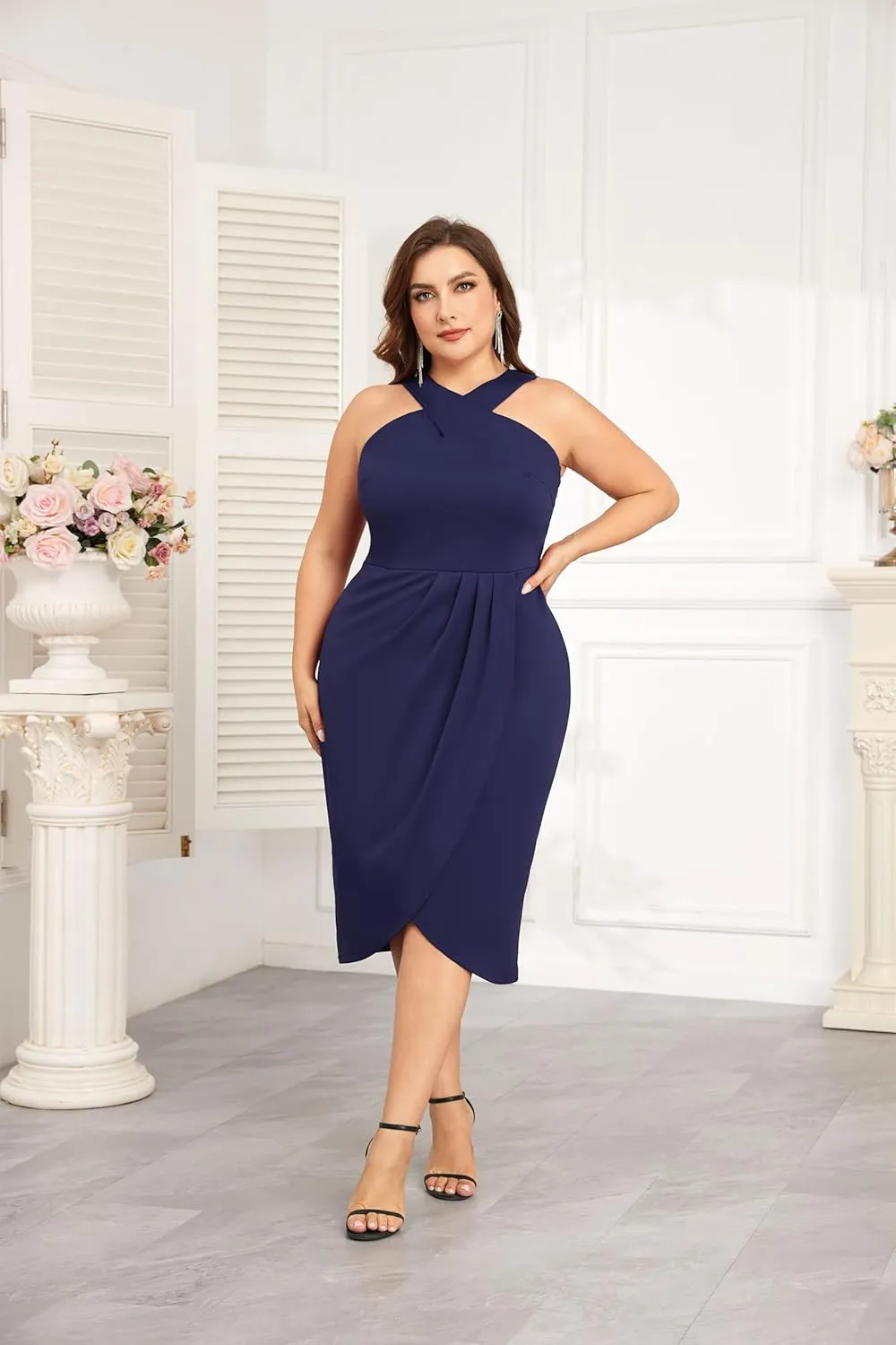 Theenkoln Plus Size Cocktail Dresses:Halterneck Sleeveless Slit Wrap Ruched Formal Weding Guest Bodycon Party Dresses