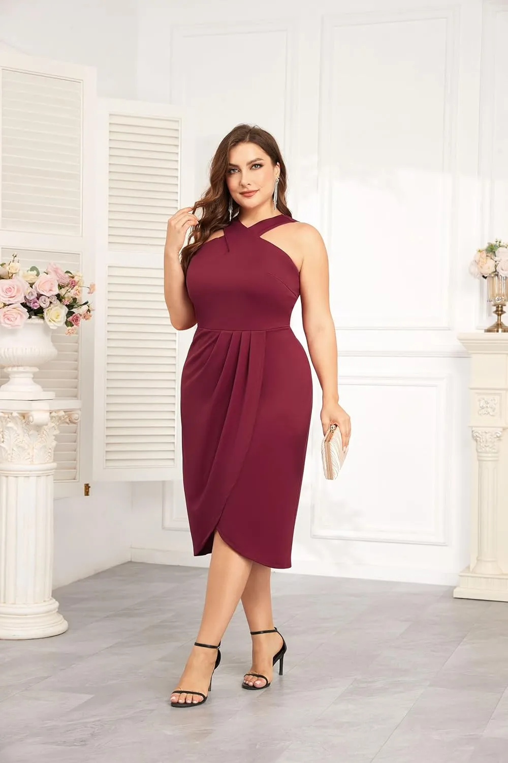 Theenkoln Plus Size Cocktail Dresses:Halterneck Sleeveless Slit Wrap Ruched Formal Weding Guest Bodycon Party Dresses