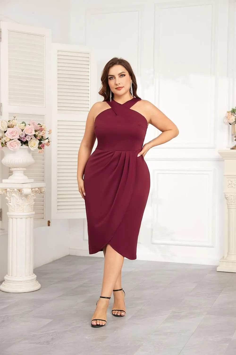 Theenkoln Plus Size Cocktail Dresses:Halterneck Sleeveless Slit Wrap Ruched Formal Weding Guest Bodycon Party Dresses