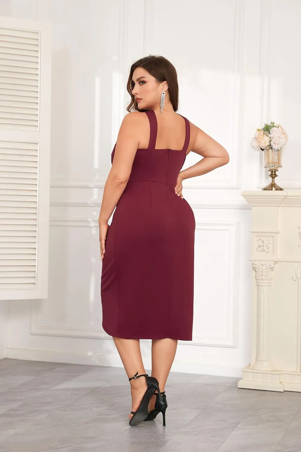 Theenkoln Plus Size Cocktail Dresses:Halterneck Sleeveless Slit Wrap Ruched Formal Weding Guest Bodycon Party Dresses