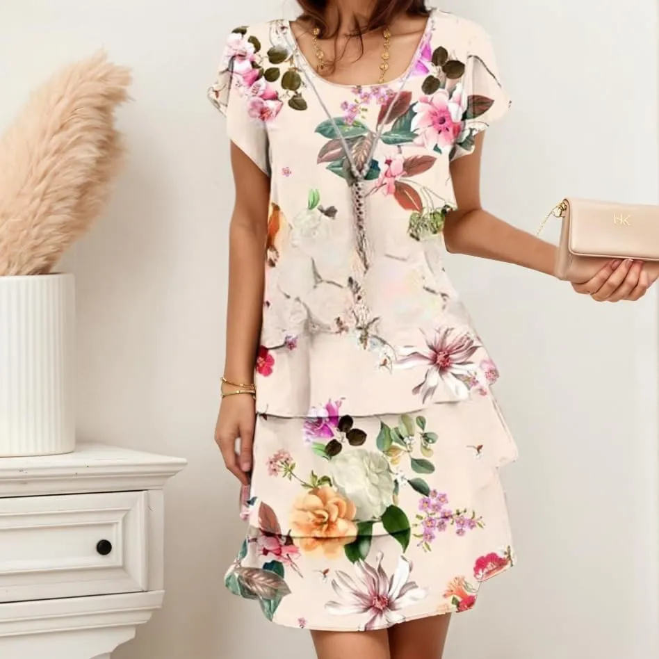TIAFORD Women's Summer Ruffle Dress Tiered Layered Chiffon Short Sleeve Boho Floral Print Party Wedding Guest Mini Dresses