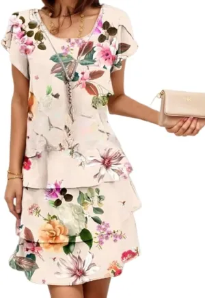 TIAFORD Women's Summer Ruffle Dress Tiered Layered Chiffon Short Sleeve Boho Floral Print Party Wedding Guest Mini Dresses