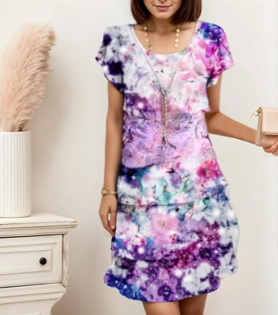 TIAFORD Women's Summer Ruffle Dress Tiered Layered Chiffon Short Sleeve Boho Floral Print Party Wedding Guest Mini Dresses
