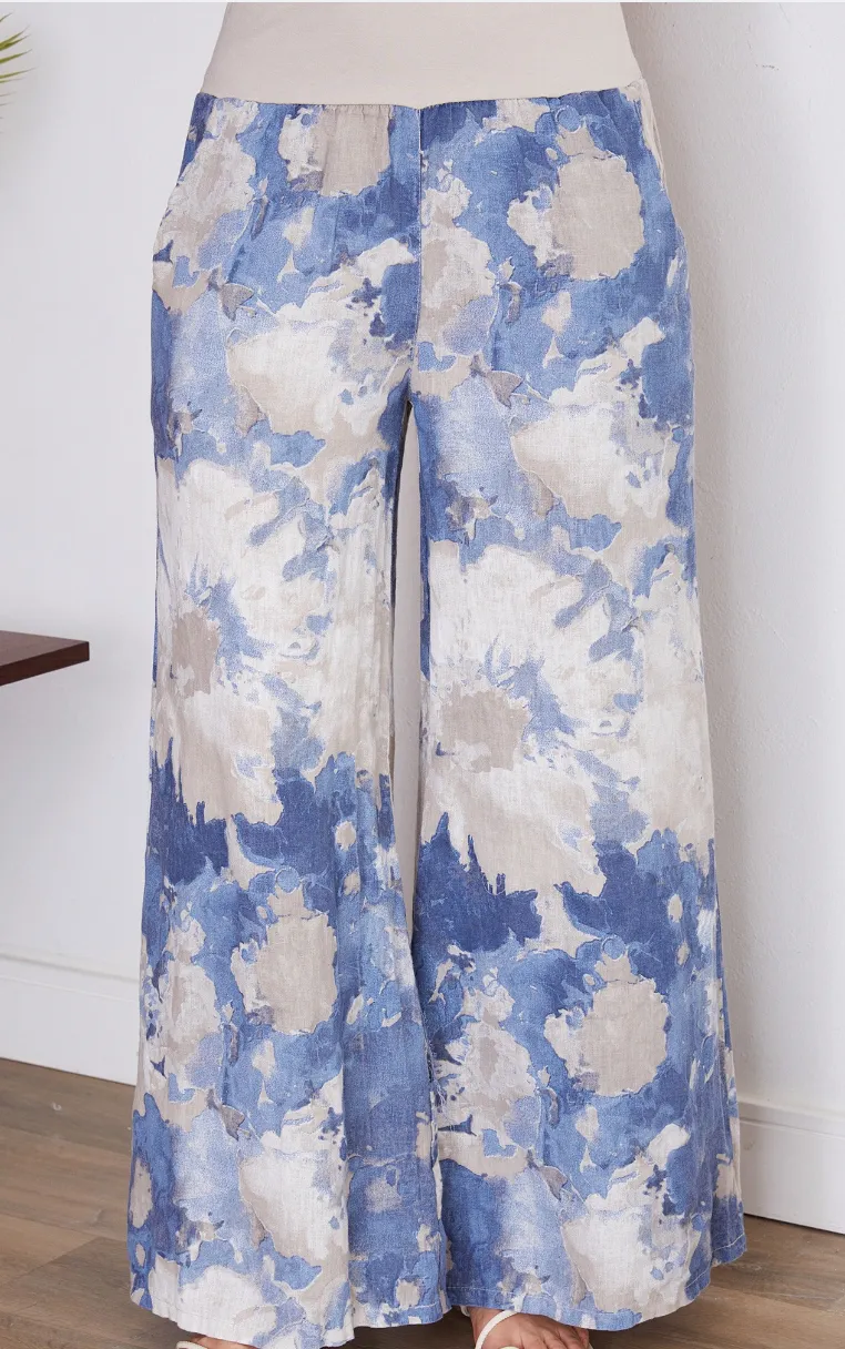 Tie Dye Linen Wide Leg w Cotton Band Waist