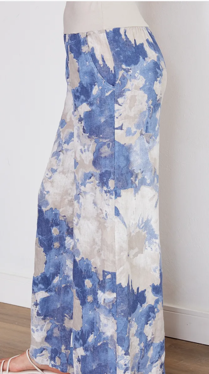 Tie Dye Linen Wide Leg w Cotton Band Waist