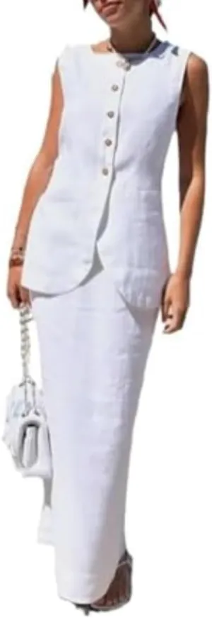 Two Piece Sets for Women Summer Old Money Long Vest Set Linen Vest Women Linen Set 2 Piece Sets for Women Going Out