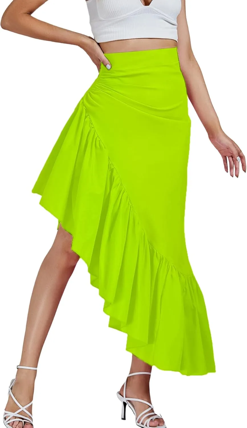 Umenlele Women's Ruched Ruffle High Low Asymmetrical Hem High Waist Midi Skirt