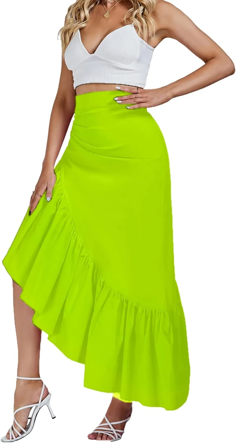 Umenlele Women's Ruched Ruffle High Low Asymmetrical Hem High Waist Midi Skirt