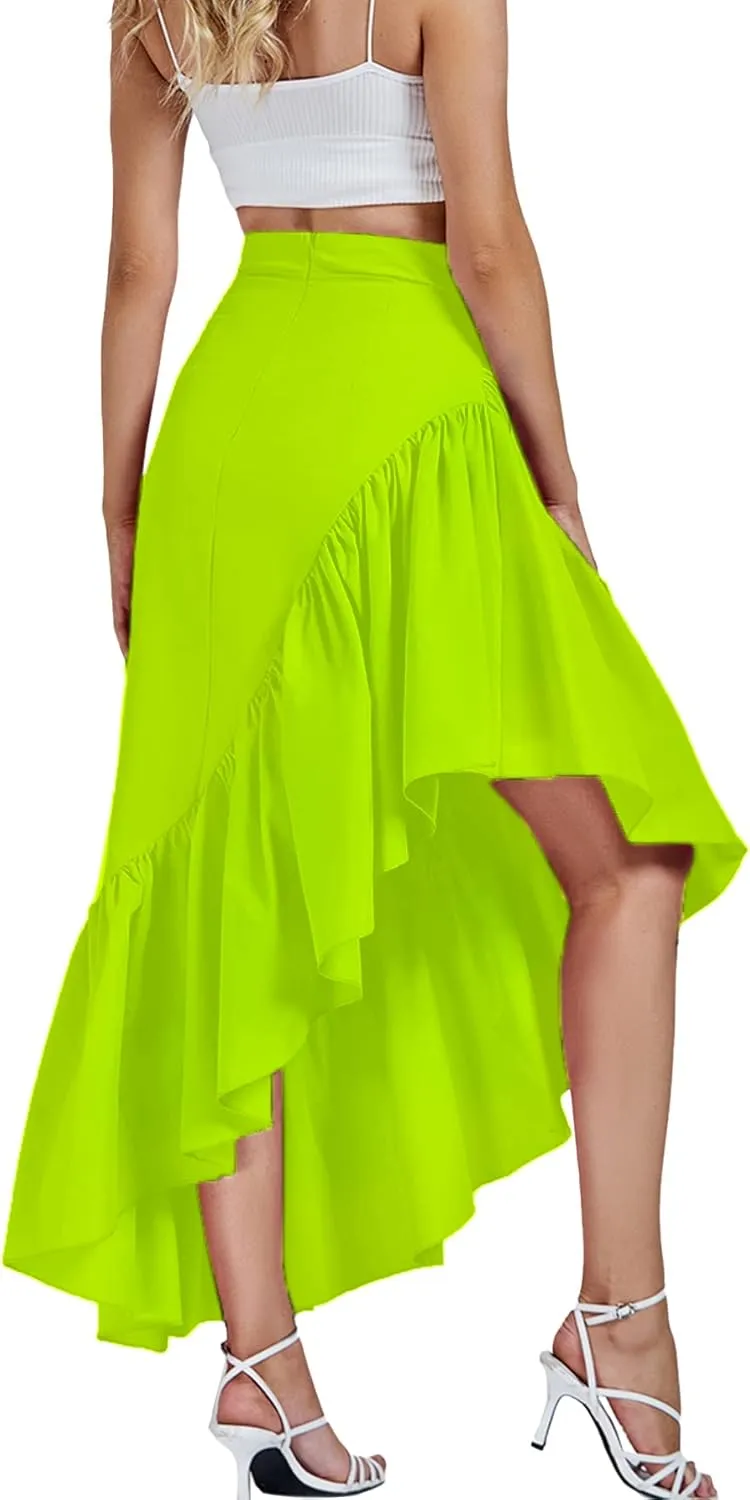 Umenlele Women's Ruched Ruffle High Low Asymmetrical Hem High Waist Midi Skirt