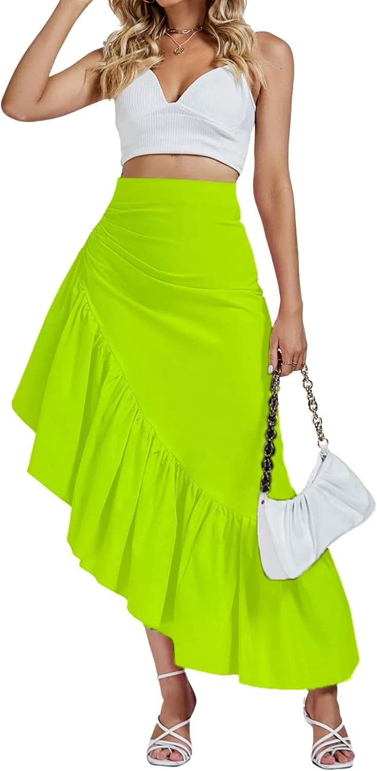 Umenlele Women's Ruched Ruffle High Low Asymmetrical Hem High Waist Midi Skirt