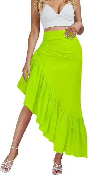 Umenlele Women's Ruched Ruffle High Low Asymmetrical Hem High Waist Midi Skirt