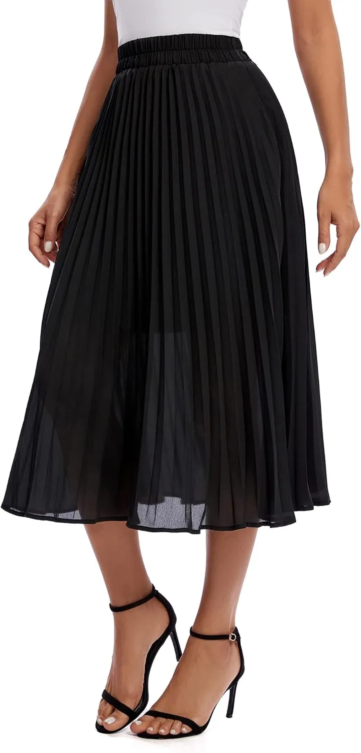 Urban CoCo Women's A Line Elastic Wasit Chiffon Midi Skirt Flare Pleated Skirts with Pockets
