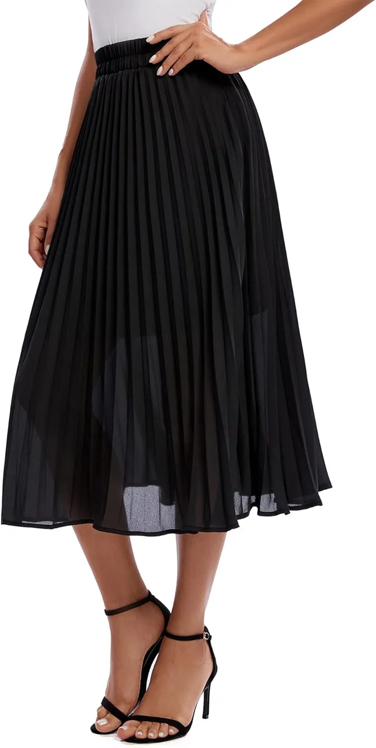 Urban CoCo Women's A Line Elastic Wasit Chiffon Midi Skirt Flare Pleated Skirts with Pockets