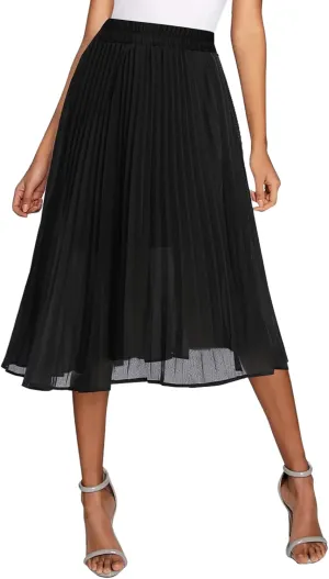 Urban CoCo Women's A Line Elastic Wasit Chiffon Midi Skirt Flare Pleated Skirts with Pockets