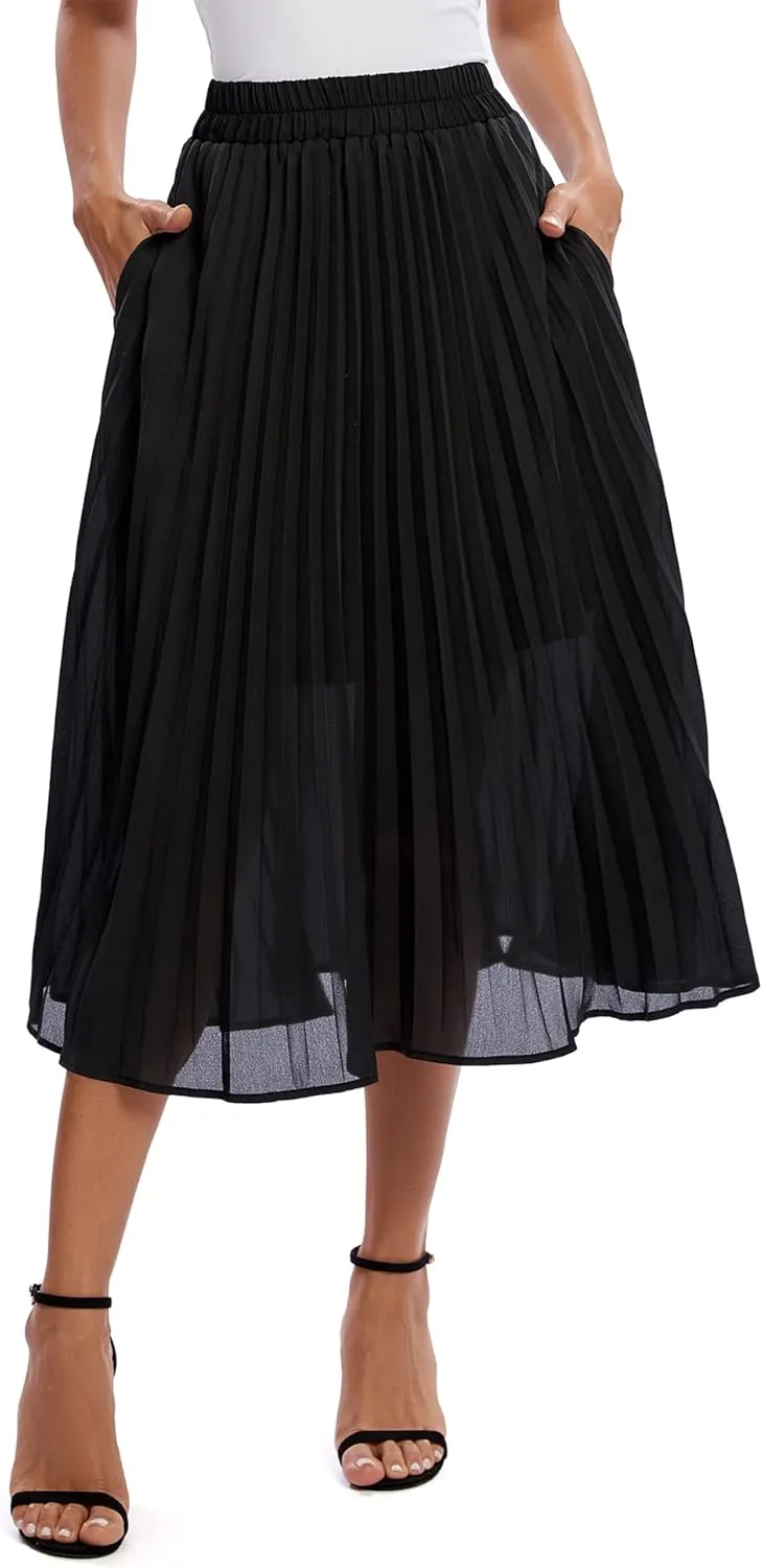Urban CoCo Women's A Line Elastic Wasit Chiffon Midi Skirt Flare Pleated Skirts with Pockets