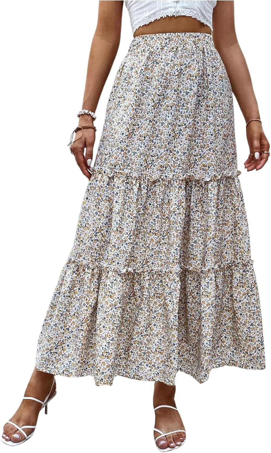 Verdusa Women's Floral Print Tiered Layered Long Skirt High Rise Ruffled Maxi Skirt