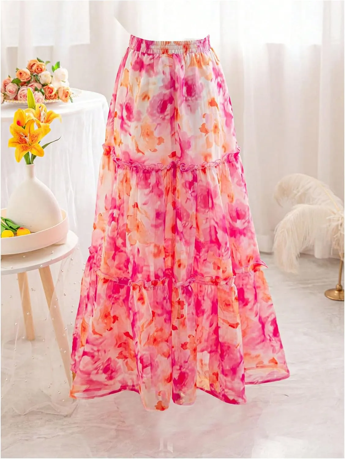 Verdusa Women's Floral Print Tiered Layered Long Skirt High Rise Ruffled Maxi Skirt