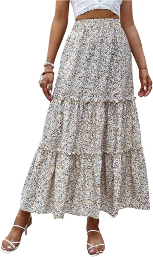 Verdusa Women's Floral Print Tiered Layered Long Skirt High Rise Ruffled Maxi Skirt