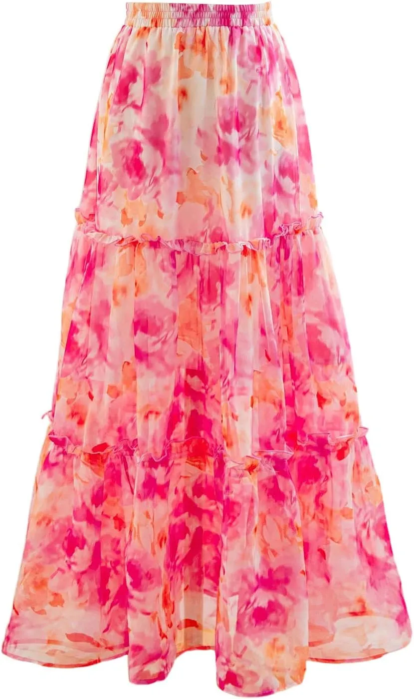 Verdusa Women's Floral Print Tiered Layered Long Skirt High Rise Ruffled Maxi Skirt