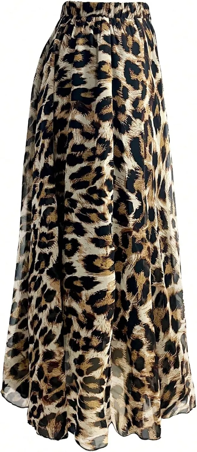 Verdusa Women's Leopard Print Skirt Y2k Goth High Waist Ruffled Pleated Flowy Long Skirts