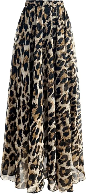 Verdusa Women's Leopard Print Skirt Y2k Goth High Waist Ruffled Pleated Flowy Long Skirts