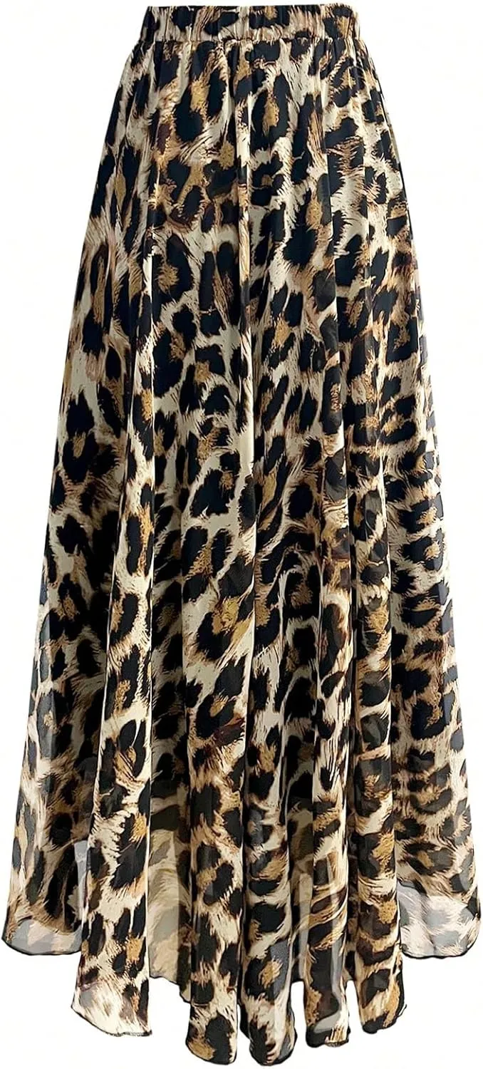 Verdusa Women's Leopard Print Skirt Y2k Goth High Waist Ruffled Pleated Flowy Long Skirts