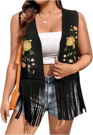 Verdusa Women's Plus Size Fringe Floral Embroidery Sleeveless Vest Cardigan Tassel Jacket