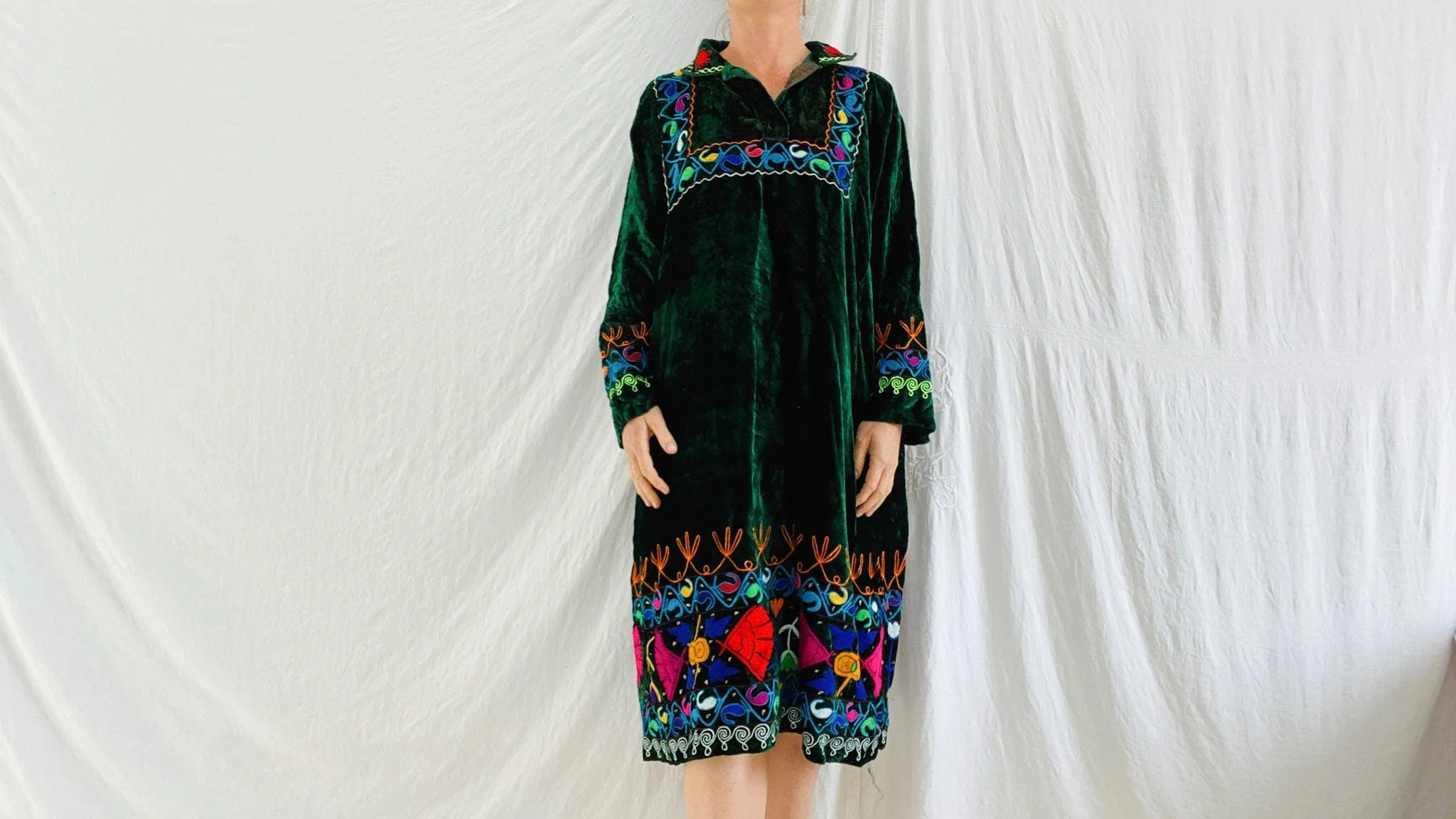 Vintage Uzbek Suzani Hand-Embroidered Cotton Mini Dress. XS-L