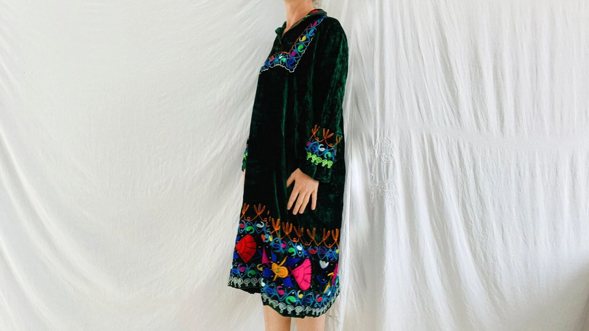Vintage Uzbek Suzani Hand-Embroidered Cotton Mini Dress. XS-L
