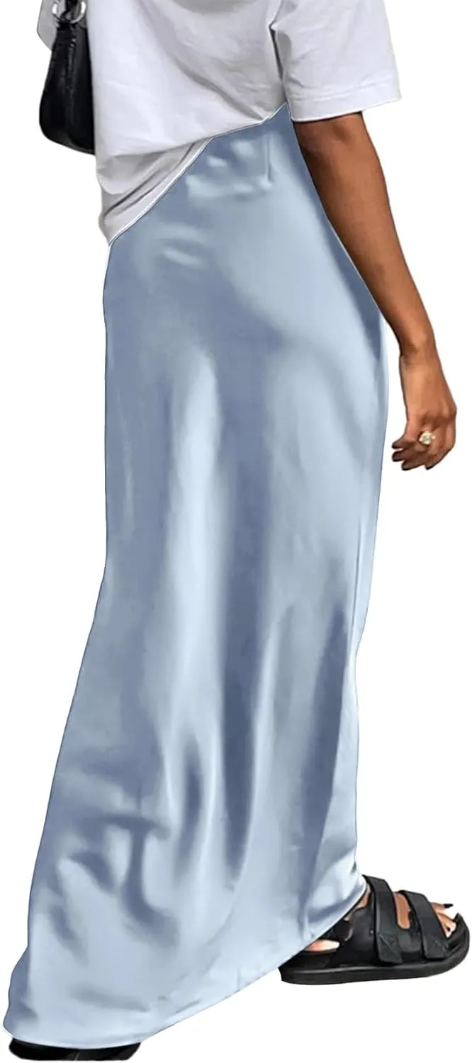Vrtige Women's Elegant Satin Silky High Waist Zipper Flowy A Line Maxi Long Skirt